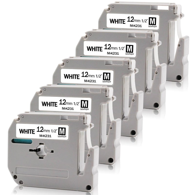 Absonic 5-Pack MK231 Label Tape 12mm 0.47" White Compatible for Brother MK-231 M231 MK231 M-K231 M-K231S Tape M 12mm 0.47" Black on White for P Touch PT65 PTM95 PT80 PT90 PT45 PT85 Label Maker - Image 1